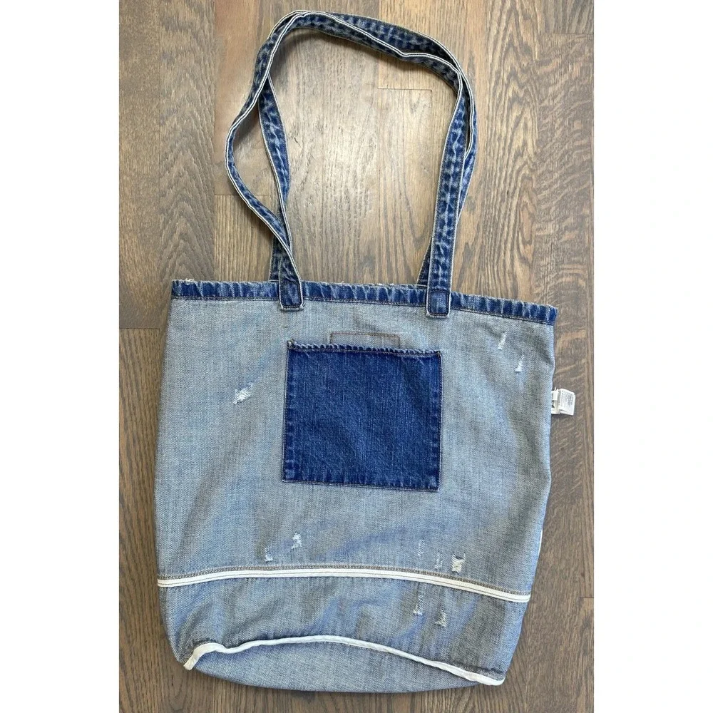 American Eagle Denim Distressed Tote Bag Blue White Logo Spell Out